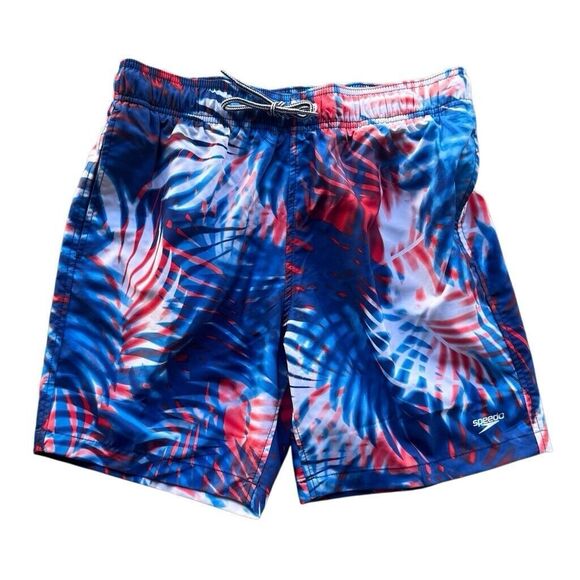 Speedo Men's Volley Ghost Palm Swim Trunk - Blue/White/Red Size Medium Excellent - Picture 1 of 8